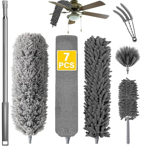 7 Pièces Plumeau Telescopique, Tete De Loup Telescopique Longueur Maximale 37-256cm, Plumeau Poussiere Telescopique pour Plafonds, Toile D'AraignéE, Plumeau Lavable Microfibre (Gris)