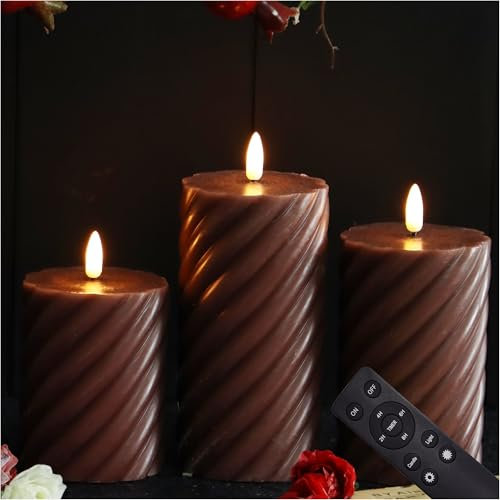 Battery Operated Flameless LED Candles with Remote Timer Real Wax Pillar Candles Electric Flickering decorative Brown Wax Candles for Home Wedding Party Centerpiece Xmas Decor 3 Pack 3”X 4”, 5”, 6”
