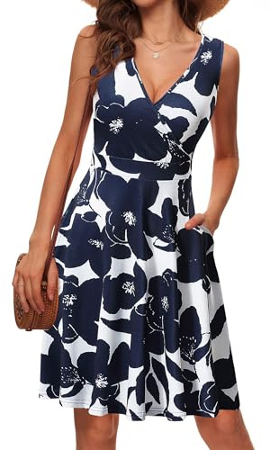 LIAMERHE Robe Femme Sans Manches Col V Élégante D'été 2024 A-Line Casual Marine XXL - Plage