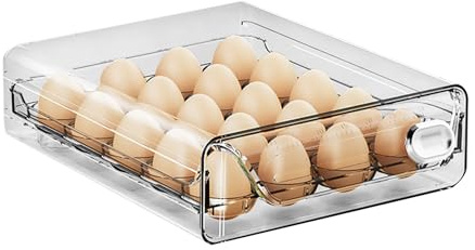Caja de huevos transparente con cajón, bandeja para huevos de plástico con tapa, almacenamiento de huevos para nevera apilable, gran dispensador de huevos, hasta 20 huevos (capa individual)