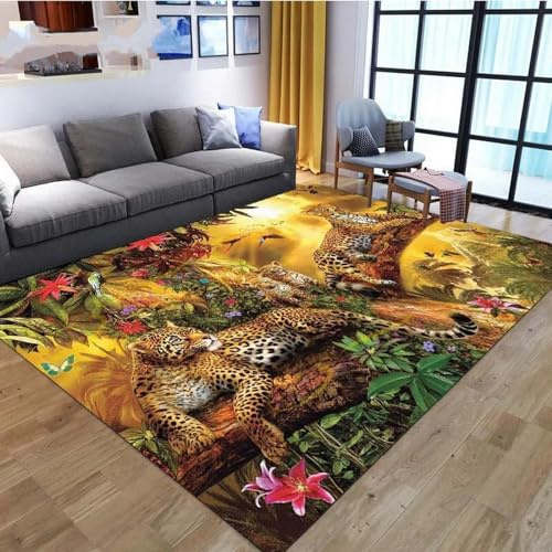 3D Innenteppich Mit Leoparden-Dschungel-Tierwelt, Flanell-Schlafzimmerbereichsteppich, Flauschig Weicher, Maschinenwaschbarer, Atmungsaktiver, Langlebiger Teppich, Für Wohnzimmer- 120 X 180 C -4A0L7N