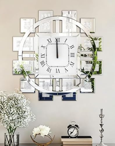 Artloge Kristall Wanduhr Groß Modern: Deko Uhren 60×60, Luxus Wohnzimmer Wanduhren Silber Tickenfreies Design Römische Ziffern für Wohnzimmer, Schlafzimmer, Küchen