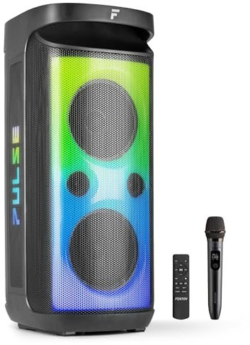 Fenton Pulse160 Musikbox Bluetooth Groß 320W, Wasserfest, Akku 12H, UHF Mikrofon, BT 5.3, FM Radio, Fernbedienung, Partybox Bluetooth Box Groß, Stereo-Pairing, Tragbare Musik Box, Boom Box - Schwarz