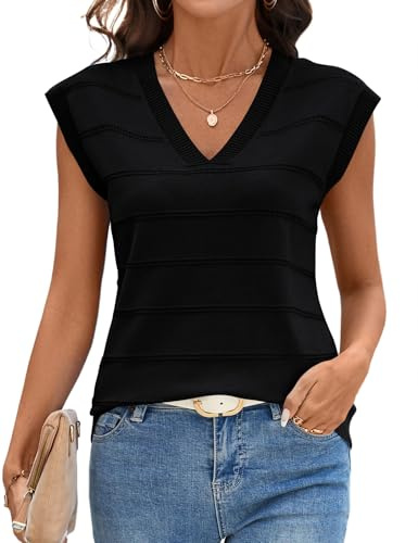 AKEWEI Cap Sleeve Tops for Women Knitted Short Sleeve Vest V Neck Sweaters Pullover Tanks Top Casual Sleeveless Dressy Shirts(Black,L)