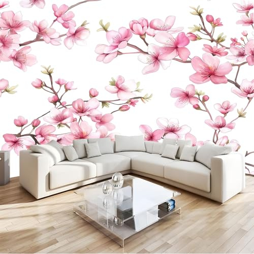 Carta da parati fotografica Pianta Dipinta A Mano, Fiore Di Pesco 400 x 280 cm Vello Sfondo Murale Decorazione Rosa, Fotomurali moderni in tessuto non tessuto per soggiorno e camera da letto