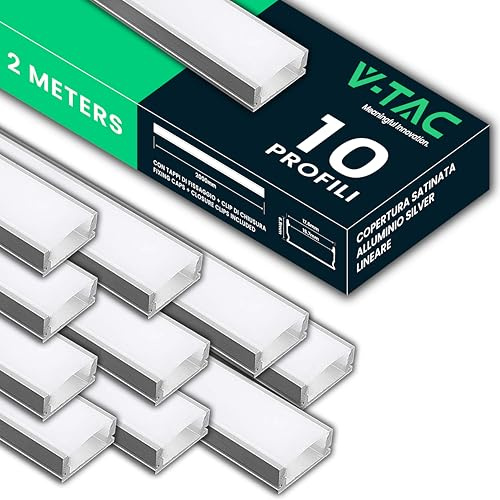 V-TAC 10x Profili per Strisce Led da 2 METRI in Alluminio Rettangolari - (20 Metri Totali) - Profili per Strisce LED Copertura Opaca - Ingombro max Striscia Led 15,7 mm - Dimensioni 17,6 mm x 6.9 mm