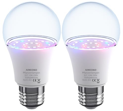 AIMEOKO Pflanzenlampe E27 LED wachsen Glühbirnen 12W, äquivalent 150W-G60 Vollspektrum wachsen Lampe - E27 Base, wachsen Licht für Indoor-Pflanzen, Gartenarbeit, Blumen, Gewächshaus- 2 Stück