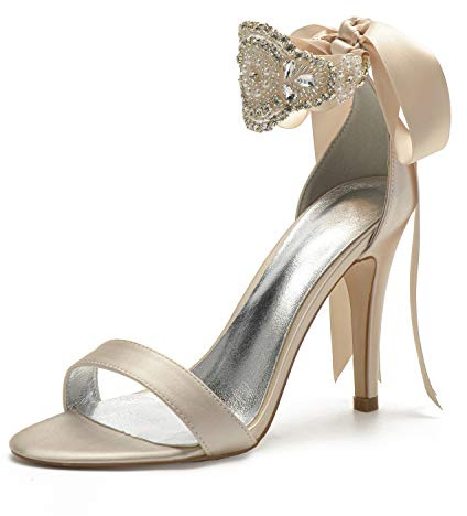 EICOFF Zapatos de Novia con Perlas Cristal Mujer Sandalias de Fiesta con Tacón Alto de Aguja Punta Abierta Zapatos de Boda Fiesta Vestido,Champagne,36 EU