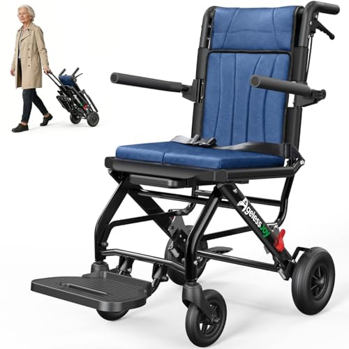 AGELESSJOY Silla de Ruedas Plegable Ligera para Mayores, Silla de Transferencia Ultraligera de Aluminio (9 kg) con Mango Telescópico, Silla Ruedas de Transporte para Viajes y Avión, Azul