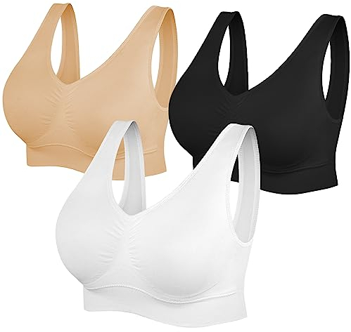 SIMIYA Super Comfort Bra, Womens Sports Bras Removable Pads Plus Size Sleep Bras for Girls in Yoga Bralette Leisure Stretch Crop Tops Vest (XL, Black+White+Beige)