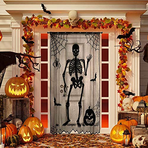 Halloween Türdeko, Halloween Vorhänge, Schwarze Spitze Halloween Vorhang, Skelett Spinnennetz Fledermaus Curtain für gruselige Halloween Deko Horror Fenster Haustür Tür Party Dekorationen (Skeleton)