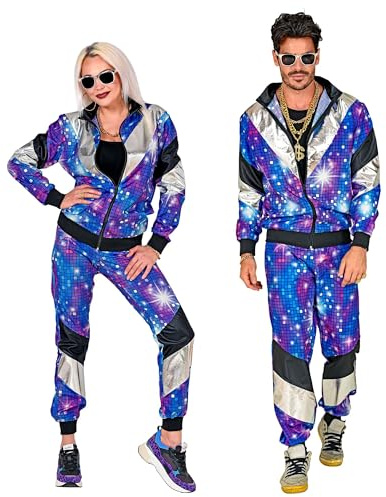 W WIDMANN MILANO Party Fashion - Trainingsanzug Disco Style | Jacke und Hose, Kostüm im 80er Jahre Look, Retro Jogginganzug für Karneval, Mottoparty