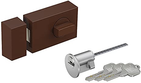 BASI | Türzusatzschloss mit Außenzylinder im SET | Drehknauf innen | Zylinder mit Wendeschlüssel | massiver Riegel | Zusatzsicherung für Haus- und Wohnungstüren | Dornmaß 70 mm | Eckig