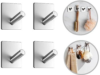 Sbomi Selbstklebend Handtuchhaken, 304 Edelstahl Bademantelhaken Haken Wandhaken Bad und Küche Handtuchhalter Kleiderhaken Ohne Bohren - Haken Selbstklebend - Edelstahl Klebehaken - 4 Stück Silber