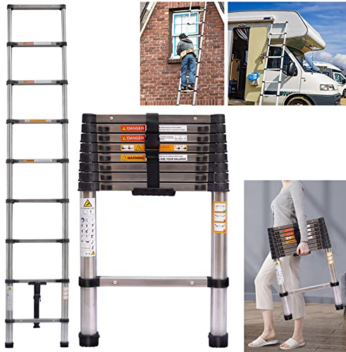 Scala telescopica da 2,6 m, prolunga telescopica portatile, in acciaio inox, compatta, con tetto estensibile pieghevole, multiuso, per uso esterno e interno