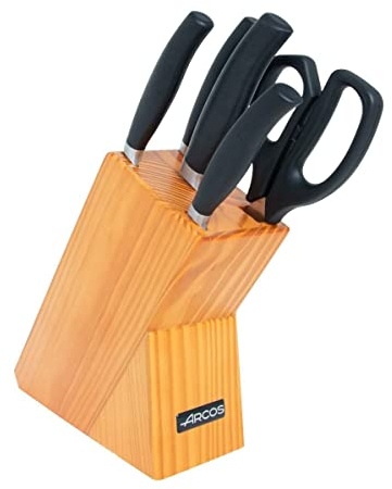 Arcos Serie Clara – 4-teiliges Küchenmesser-Set (Küchenmesser + Kochbrett + Schinkenhalter) + 1 Schere, Edelstahl, Nitrum, gespritzter Griff aus Polypropylen, Schwarz