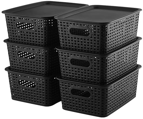 AREYZIN Storage Bins Plastic Storage Baskets With Lid Small Baskets for Organizing Stackable Storage Container Organizer Bins for Shelves Drawers Desktop Playroom Classroom Office, 6 Pack,Black
