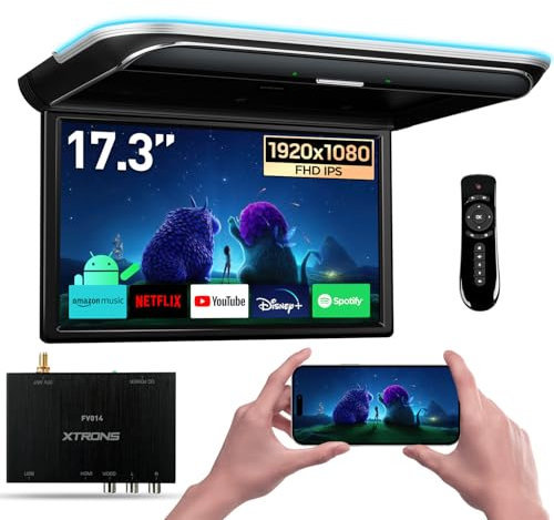 XTRONS 17.3-inch FHD Android 9.0 Car Overhead Flip Down Mount Monitor 8K 1080P IPS Screen Octa-core Car Roof Multimedia Player Car Video With Superior Sound and Screen Mirroring Support HDMI/USB/AV/IR