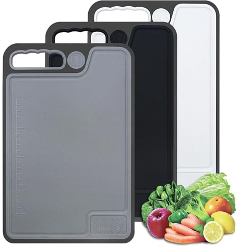 Chopping Board Set, Plastic Chopping Boards with Juice Grooves and Non-Slip Feet & Easy-Grip Handles, BPA-Free Non-Porous, Kitchen Cutting Boards for Meat, Veggies, Fruit, Seafood (3 Pack)