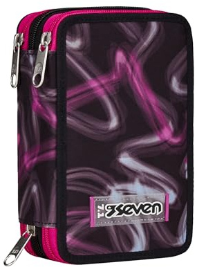 Seven Astuccio Scuola 3 Scomparti, Nero, Rosa, Blurred Pink, Portapenne Triplo Scomparto Completo Di Penne, Matite, Colori, Accessori Zaino, Elementari, Medie, Superiori, Bambina Ragazza