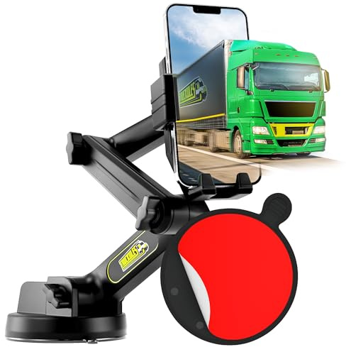 Cell Phone Mount for Truck Phone Holder for Truck Drivers - Heavy Duty Suction Cup + Dashboard Pad, iPhone Holder for Dashboard Window 16.9 inch Long, for iPhone & Samsung, Commercial Trucker, Black