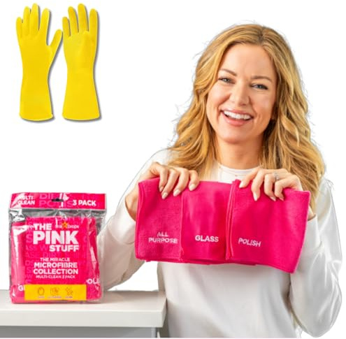 Kevagh The Pink Stuff The Miracle Mikrofasertuch Collection Multi-Clean 3er Pack & 1 Paar gelbe Haushaltshandschuhe - Allzweck-Reinigungspaket