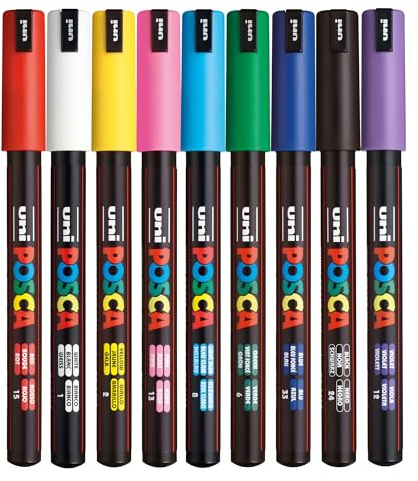 Posca - Standard PC-1MR Acrylic Paint Pens (9pc), Multi Surface Markers for Windows, Glass, Graffiti, Fabric, Rock Painting, Canvas, Wood, Metal, Fabric, Colouring, Arts & Crafts, with 4 Stickers