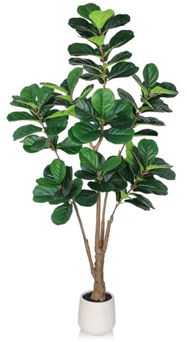 Artificial Fiddle Leaf Fig Tree with White Planter and Black Pebble, 6 FT Faux Ficus Lyrata with Thick Trunk and Emerald Leaves, Fake Ficus Tree for Hotel, Shop, Modern Home Indoor Decoration
