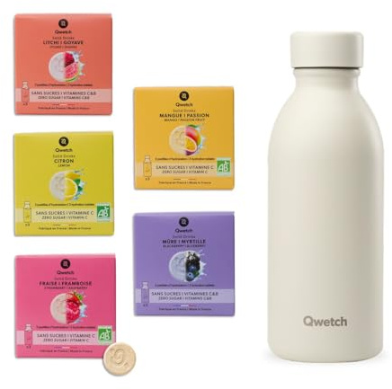 QWETCH – Hydrationsbox: ICON isolerad flaska 500 ml + 15 SOLID DRINKS vitaminerade vätsketabletter - flaska i återvunnet rostfritt stål - fruktiga smaker med C&B-vitaminer - noll socker