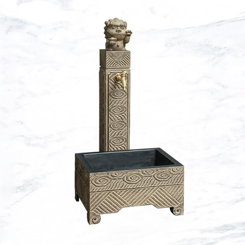 Outdoor Garden Water Fountain Vertical Stone Resin Column with Wash Basin Decorative Freestanding Water Feature Dispenser Hydrant (Brown-A) for Backyard Patio and Landscape
