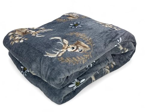 Tex family Plaid Sherpa Cervi Grigio – Coperta in Pile Morbido con Retro Agnellato – Stile Tirolese, Stampa Cervi e Stelle Alpine - Cm. 130x160