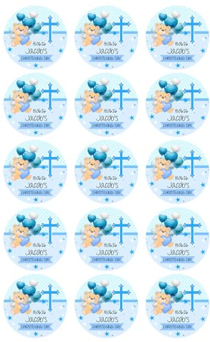 Boy Christening Personalised Round Edible Cup Cake Toppers