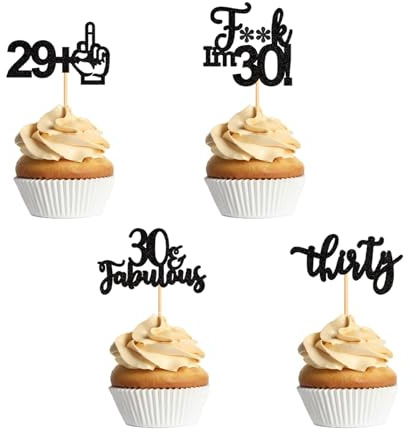 24PCS 30th Birthday Cupcake Toppers Fabulous Thirty I'm 30 Glitter Black 29+1 Cake Toppers Decorations for Cheers to 30 Years Anniversary Happy Birthday Party Supplies