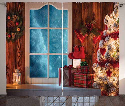 ABAKUHAUS Weihnachten Rustikaler Gardine, Gefrorene Schnee Haus, Schlafzimmer Kräuselband Vorhang mit Schlaufen und Haken, 280 x 245 cm, Blau Rot