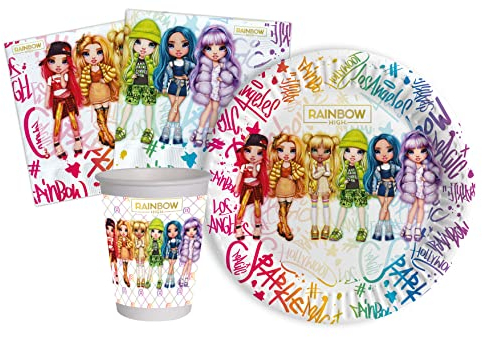 Ciao - Kit Vaisselle de Fête Rainbow High pour 8 personnes (36 pcs: 8 assiettes Ø18cm, 8 gobelets 200ml, 20 serviettes 33x33cm) en papier compostable eco-friendly
