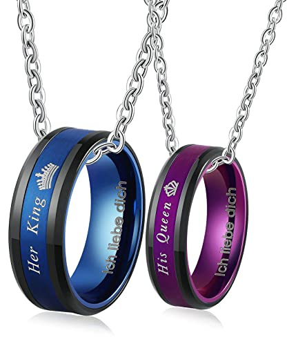 Ayoiow Partner Ketten für Sie und Ihn, Halskette mit Gravur Ich Liebe Dich Halskette für Paare Ring Anhänger Blau Lila