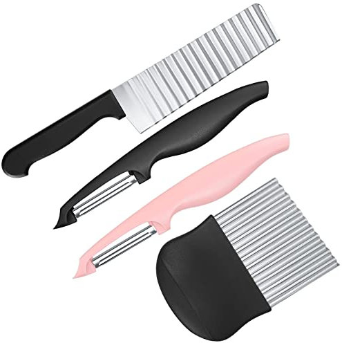 Wellenschneider KüChe ZubehöR-Set 4 STK, Riffelmesser Mit SparschäLer, Kartoffelschneider Geriffeltes Messer, SparschäLer Edelstahl, Pommes Wellenschnittmesser FüR Kartoffeln