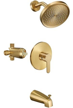Tohlar Gold Shower Faucet Set with Tub Spout, Bathtub and Shower Faucet Combo Kit, 6-Inch Rain Shower Head and Faucet Set with Valve, Brushed Gold