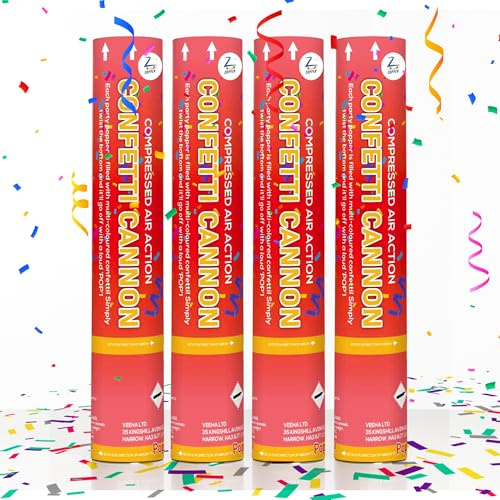Zopper Confetti Cannon Party Popper 30cm (Pack of 4) Compressed Air Party Popper Shooter with Biodegradable Confetti for Weddings, Birthdays & Celebrations
