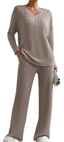 SHEKINI Höst- och vintersport V-ringad jumpsuits för kvinnor hemkläder set mysiga lediga långa overaller, Khaki, S