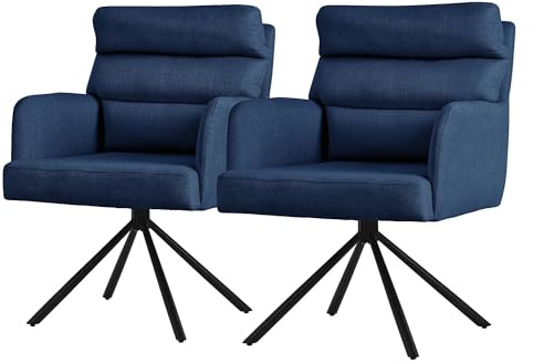 ML-Design Esszimmerstühle drehbar 2er Set Dunkelblau, Wohnzimmerstühle mit Arm- & Rückenlehne, Drehstühle Auto-Position, Polsterstühle mit Polyesterbezug & Rückenkissen, Küchenstühle mit Stahlgestell