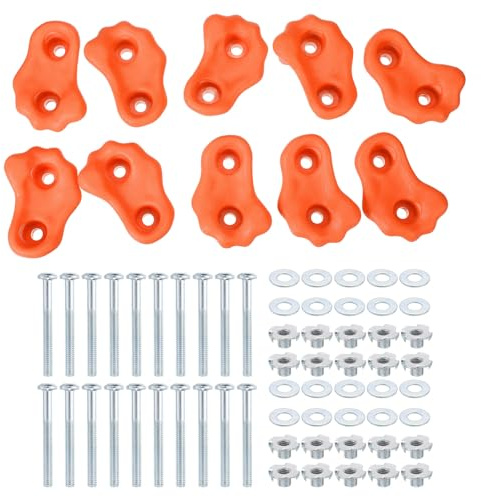 PATIKIL Rock Climbing Holds, 10 Pcs Small Climbing Rock Wall Grips Play Set Climber Attachments with Double Hole for Playground Accessory Indoor Outdoor Tree Training, Orange Red B-Small