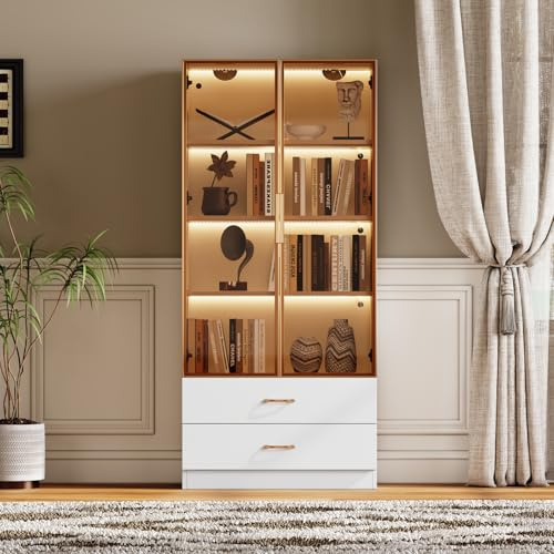 KSFASHZ Vitrine Standschrank mit LED-Beleuchtung, Vitrinenschrank mit 2 Schublade,2 Türen,4 Einlegeböden - Glasvitrine Schrank Modern Möbel (Weiß, 2 Schublade,2 Tür)