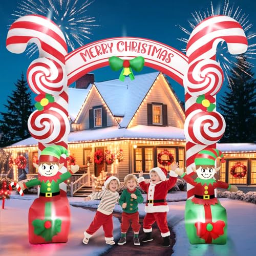 Kalolary 11FT Arco Gonfiabile di Natale, caramella alla menta piperita Babbo Elfo Arco all'aperto Buon Natale Gigante Blow Up Decorazione con Build-in luci LED per interni giardino all'aperto