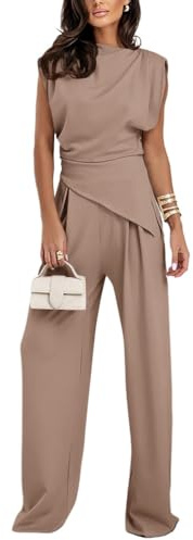 nicticsi Donna Completo Tuta 2 Pezzi Elegante Business Sets in Tinta Unita Orlo Irregolare Magliette a Girocollo e Pantaloni a Gamba Larga Dritta Tute per Casa Casual