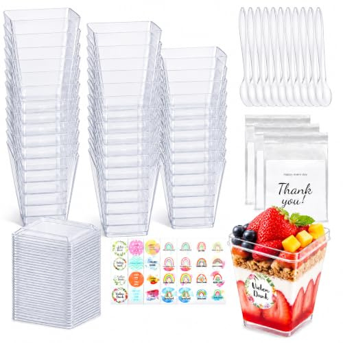 Solivive 50 Stück Dessertbecher Plastik Set,Plastik Dessertbecher+Deckel+Löffel+Kekstüte+Dankeschön-Aufkleber,Wiederverwendbar Dessertgläser mit Deckel,Geeignet für Desserts,Kuchen,Party(150ml-160ml)