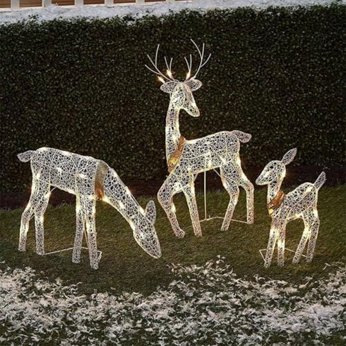 PreLit 3-teiliges Rentierfamilien-Set mit 60 warmweißen LED-Lichtern, wetterbeständig, für den Außenbereich, Weihnachts- und Gartendekoration (drei Sets von Hirschen)
