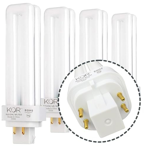 KOR (Pack of 4 13W CFL Double Tube Bulbs – G24Q-1 (4-Pin) Base – 3500K Soft White – Compatible Replacement for Sylvania CF13DD/E/835, Philips PL-C 13W/835/4P, GE F13DBX/835/ECO4P
