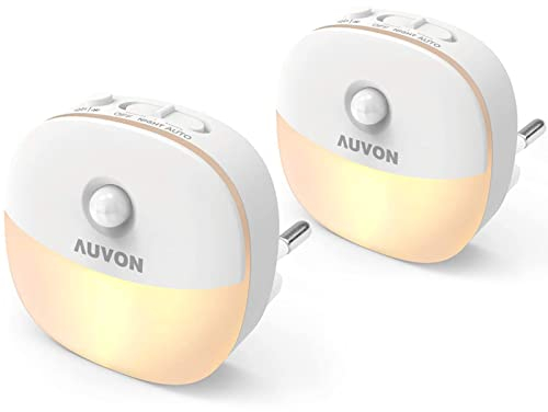 AUVON Luce Notturna da Presa con Sensore di Movimento e Sensore Crepuscolare, Luce Notturna Bambini LED Bianco Caldo con Luminosità Regolabile da 1-50 lm per Camerette, Corridoio, Cucina [2 Pezzi]
