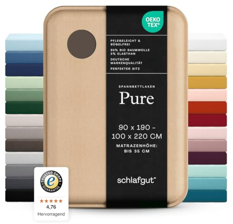 schlafgut Pure Spannbettlaken 90x200 cm Bio-Baumwolle Jersey, Sand Deep | Bettlaken, Spannbetttuch 100x200, 90x190 bis 100x220 cm, Sand, Mako Baumwolle Elasthan, bis 35 cm Steg